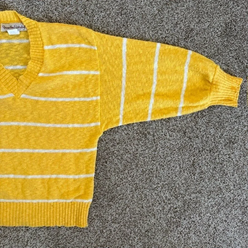 VINTAGE 80s DVF Diane Von Furstenberg Yellow Striped V-Neck Sweater Small